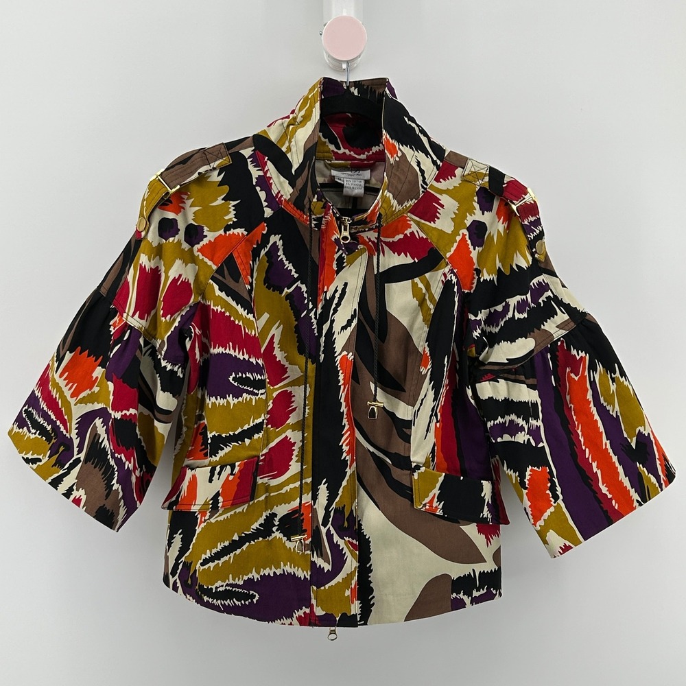 Just B 90s Abstract Tribal Utility Jacket 3/4 Bell Sleeve Full Zip Med Eclectic